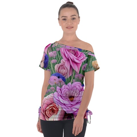 Broken And Budding Watercolor Flowers Off Shoulder Tie-up Tee by GardenOfOphir