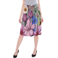 Broken And Budding Watercolor Flowers Midi Beach Skirt by GardenOfOphir