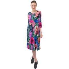 Bright And Brilliant Watercolor Flowers Ruffle End Midi Chiffon Dress by GardenOfOphir