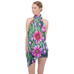 Cheerful And Cheery Blooms Halter Asymmetric Satin Top by GardenOfOphir