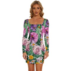 Budding And Captivating Flowers Long Sleeve Square Neck Bodycon Velvet Dress by GardenOfOphir