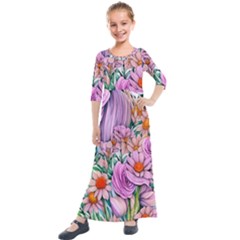 Bright And Brilliant Bouquet Kids  Quarter Sleeve Maxi Dress by GardenOfOphir