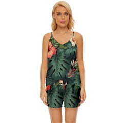 Flowers Monstera Foliage Tropical Jungle Drawing V-neck Satin Pajamas Set by Ravend