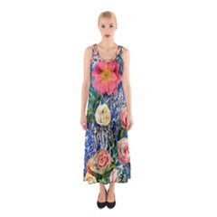 Captivating Watercolor Flowers Sleeveless Maxi Dress by GardenOfOphir