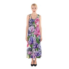 Majestic Watercolor Flowers Sleeveless Maxi Dress by GardenOfOphir