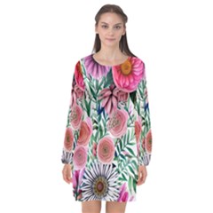 Captivating And Celestial Watercolor Flowers Long Sleeve Chiffon Shift Dress  by GardenOfOphir