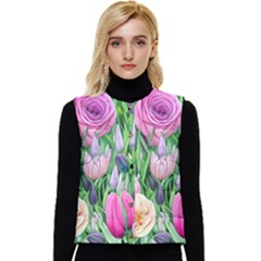 Classic Watercolor Flowers Women s Short Button Up Puffer Vest by GardenOfOphir