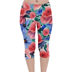 Classy Watercolor Flowers Velvet Capri Leggings  by GardenOfOphir