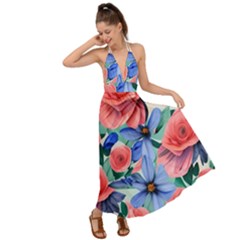 Classy Watercolor Flowers Backless Maxi Beach Dress by GardenOfOphir