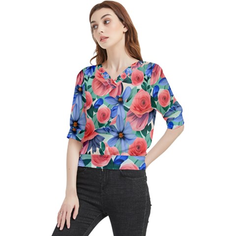 Classy Watercolor Flowers Quarter Sleeve Blouse by GardenOfOphir