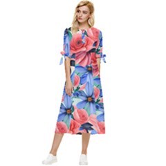 Classy Watercolor Flowers Bow Sleeve Chiffon Midi Dress by GardenOfOphir