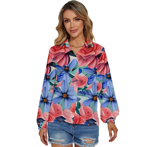 Classy Watercolor Flowers Women s Long Sleeve Button Down Shirt by GardenOfOphir