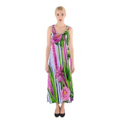 Cherished Blooms – Watercolor Flowers Botanical Sleeveless Maxi Dress by GardenOfOphir