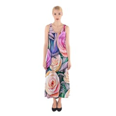 County Charm – Watercolor Flowers Botanical Sleeveless Maxi Dress by GardenOfOphir