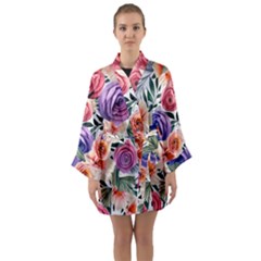 Country-chic Watercolor Flowers Long Sleeve Satin Kimono by GardenOfOphir