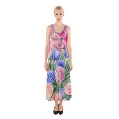 Cheerful Watercolor Flowers Sleeveless Maxi Dress by GardenOfOphir