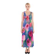 Celestial Watercolor Flowers Sleeveless Maxi Dress by GardenOfOphir