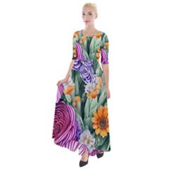 Captivating Watercolor Flowers Half Sleeves Maxi Dress by GardenOfOphir