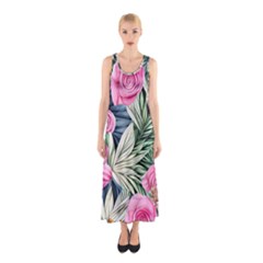 Delightful Watercolor Flowers And Foliage Sleeveless Maxi Dress by GardenOfOphir