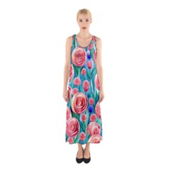 Brilliantly Hued Watercolor Flowers In A Botanical Sleeveless Maxi Dress by GardenOfOphir