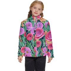 Boho Retropical Flowers Kids  Puffer Bubble Jacket Coat by GardenOfOphir