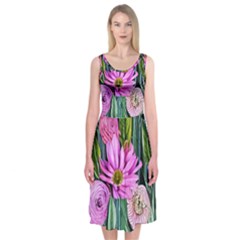 Floral Watercolor Midi Sleeveless Dress by GardenOfOphir