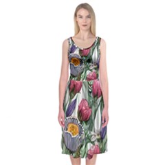 Watercolor Tropical Flowers Midi Sleeveless Dress by GardenOfOphir