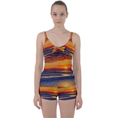 Nature s Sunset Over Beach Tie Front Two Piece Tankini by GardenOfOphir