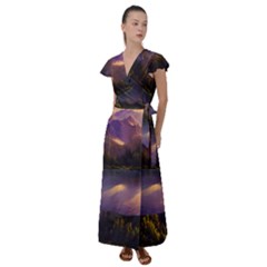 Colored Hues Sunset Flutter Sleeve Maxi Dress by GardenOfOphir