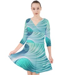 Pink Sky Blue Ocean Waves Quarter Sleeve Front Wrap Dress by GardenOfOphir