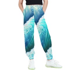 Abstract Waves In Blue And Green Kids  Elastic Waist Pants by GardenOfOphir