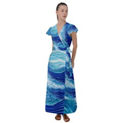 Water Waves Flutter Sleeve Maxi Dress by GardenOfOphir