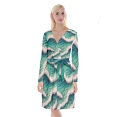 Blue Wave Pattern Long Sleeve Velvet Front Wrap Dress by GardenOfOphir