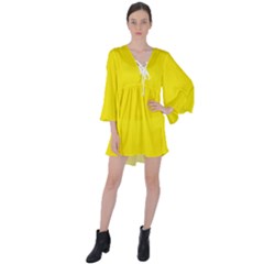 Aureolin Yellow	 - 	v-neck Flare Sleeve Mini Dress by ColorfulDresses