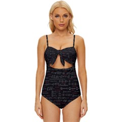 Black Background With Text Overlay Digital Art Mathematics Knot Front One-piece Swimsuit by Jancukart