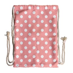 Coral And White Polka Dots Drawstring Bag (large) by GardenOfOphir