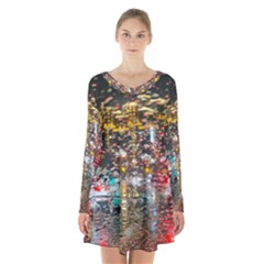 Water Droplets Long Sleeve Velvet V-neck Dress by artworkshop