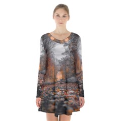 Breathe In Nature Background Long Sleeve Velvet V-neck Dress by artworkshop