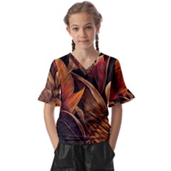 Ai Generated Leaves Tropical Palm Kids  V-neck Horn Sleeve Blouse by Ravend