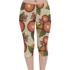 Flowers Leaves Pattern Flora Botany Drawing Art Velvet Capri Leggings  by Ravend