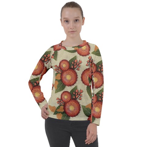 Flowers Leaves Pattern Flora Botany Drawing Art Women s Long Sleeve Raglan Tee by Ravend