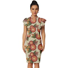 Flowers Leaves Pattern Flora Botany Drawing Art Vintage Frill Sleeve V-neck Bodycon Dress by Ravend