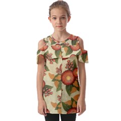 Flowers Leaves Pattern Flora Botany Drawing Art Fold Over Open Sleeve Top by Ravend