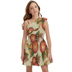 Flowers Leaves Pattern Flora Botany Drawing Art Kids  One Shoulder Party Dress by Ravend