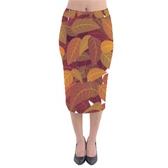 Watercolor Leaves Leaf Orange Velvet Midi Pencil Skirt by Jancukart