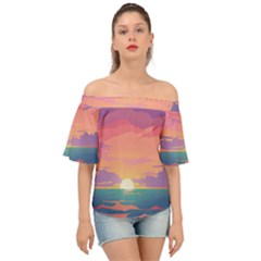 Sunset Ocean Beach Water Tropical Island Vacation 4 Off Shoulder Short Sleeve Top by Pakemis