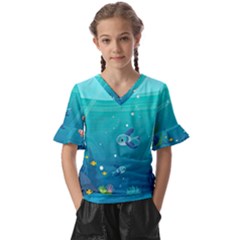 Ai Generated Ocean Sea Fish Aquatic Water Nature 2 Kids  V-neck Horn Sleeve Blouse by Pakemis