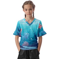 Ai Generated Ocean Sea Fish Aquatic Water Nature 4 Kids  V-neck Horn Sleeve Blouse by Pakemis