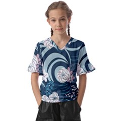 Flowers Pattern Floral Ocean Abstract Digital Art Kids  V-neck Horn Sleeve Blouse by Pakemis