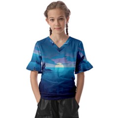 Ai Generated Ocean Sea Water Anime Nautical 2 Kids  V-neck Horn Sleeve Blouse by Pakemis